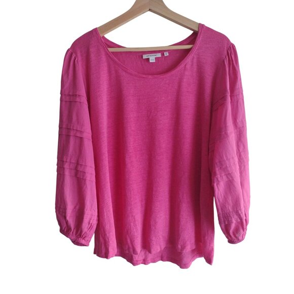 Chicos Pink Linen Top XL 3 Relaxed Fit Puff Sleeve Lightweight Fuschia Blouse - Picture 1 of 8